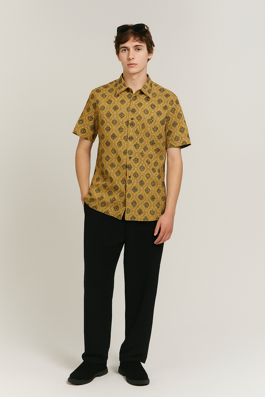 20250623_1755_Model in Patterned Shirt_remix_01jyebvgbcfv9a08bwkgy9j5p5